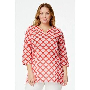 Roberta Roller Rabbit Womens Top Red Floral V Neck Tunic 3/4 Sleeve Boho Size XL